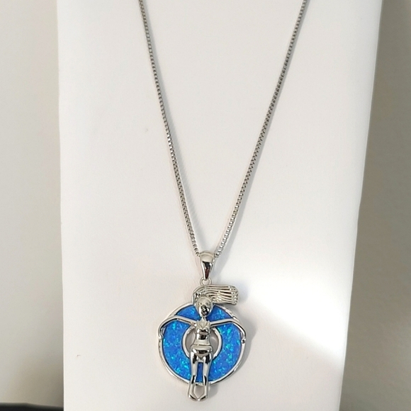 Jewelry - 🔥HP🔥925 Blue Opal Floatie Girl Sun Sand Sea Necklace Sterling Silver 17" + 2"